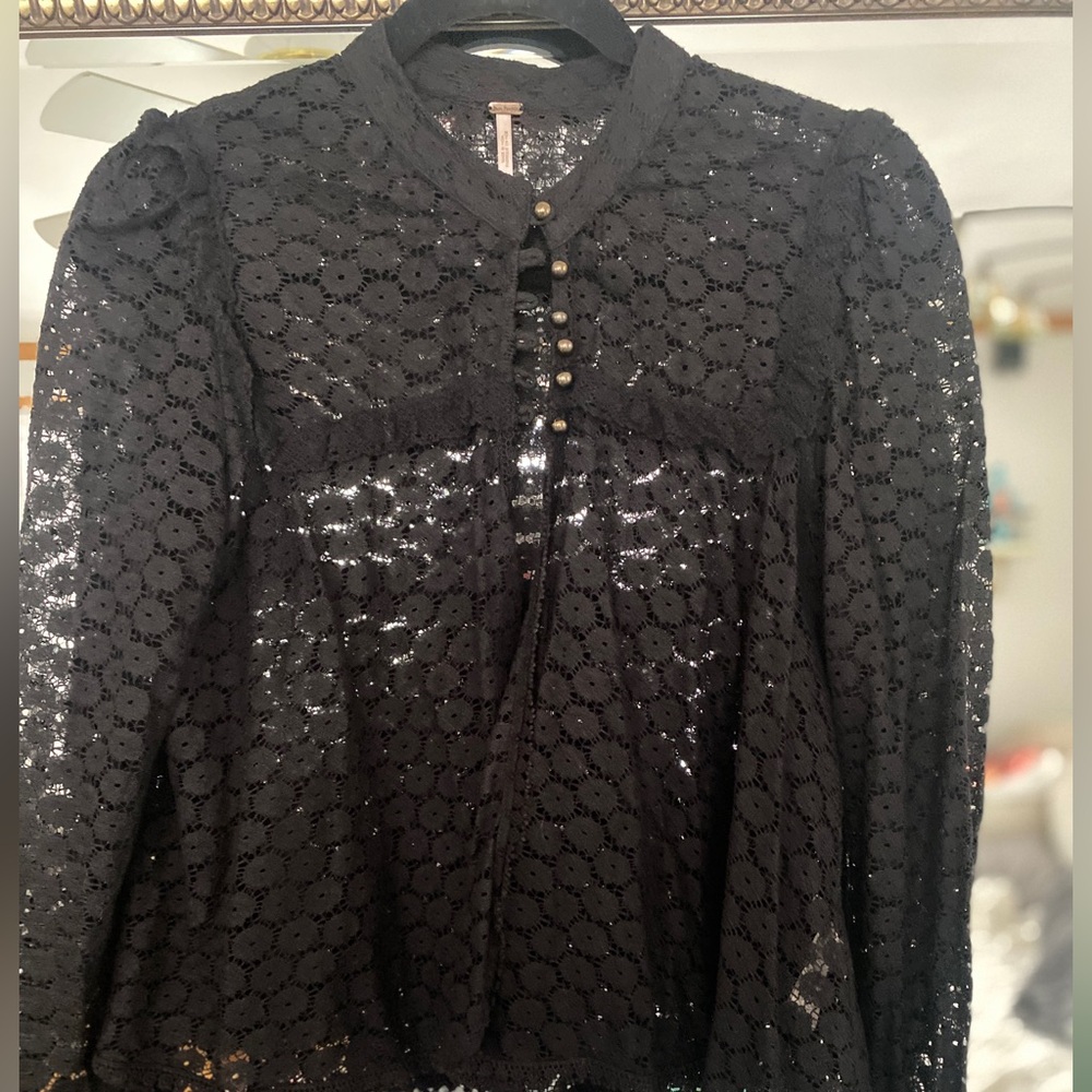 Free People Black Floral Lace Top Size small BOHO STYLE